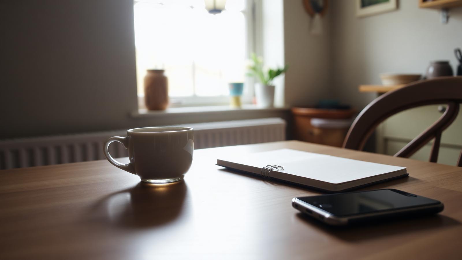 A quiet kitchen table with a cup of tea, a notebook and a phone, ready to work through what to do after someone dies